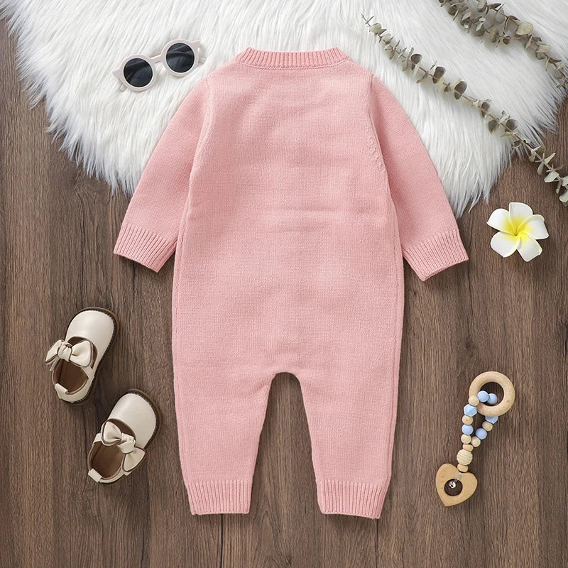 2023-11-01 Lioraitiin Newborn Baby Girl Knitted Jumpsuit Long Sleeve 3D Flower Open Front Button Romper Fall Winter Sweater