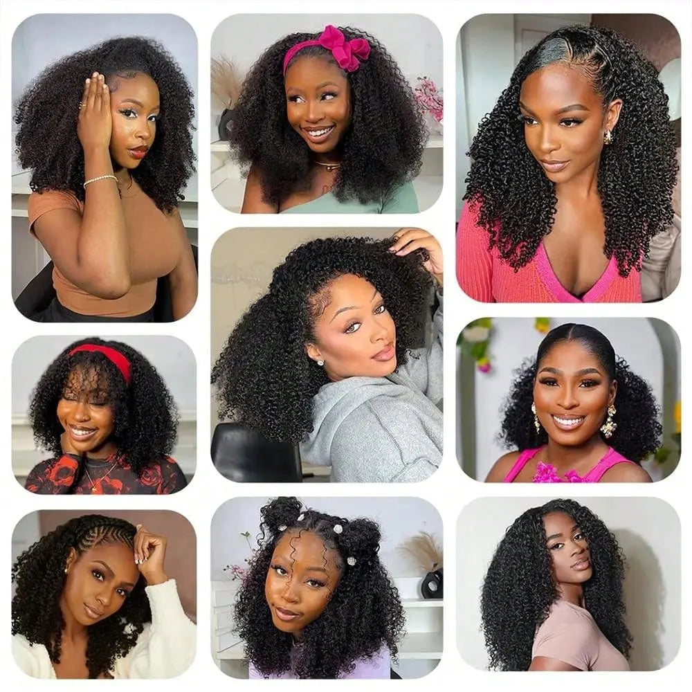 Jerry Curly Half Wig Human Hair Seamless Kinky Curly 3 In 1 Half Wig  Machine Heandband Clip In Wig No Sew In Black Color