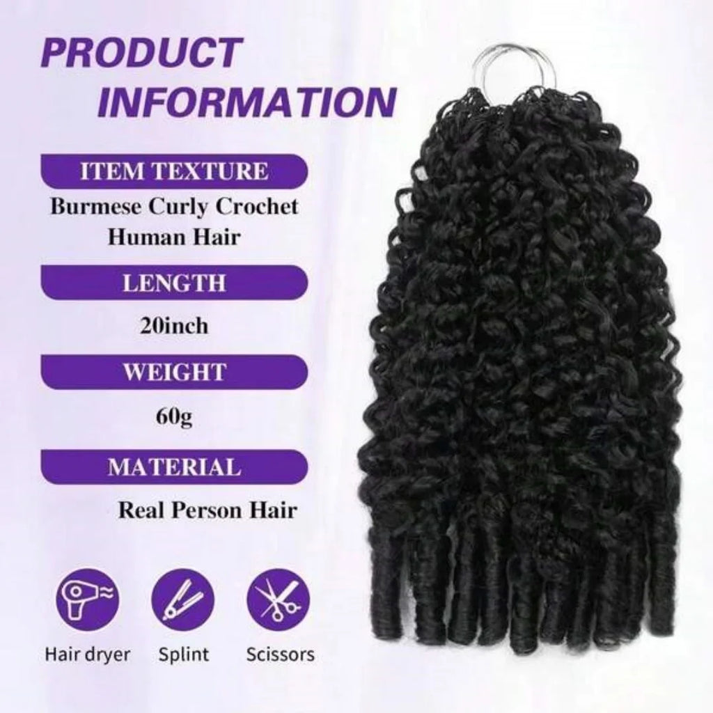 24 Inch Women Feather Style Crochet Human Hair 160g Burmese Curly Texture Pre-Separated Knotless Neat Knots Reusable Soft Hair