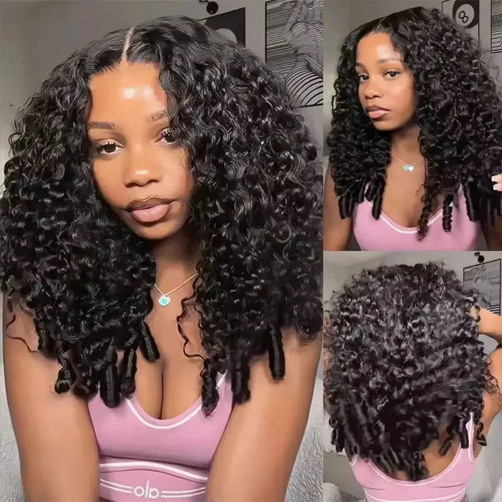 Jerry Curly Half Wig Human Hair Seamless Kinky Curly 3 In 1 Half Wig  Machine Heandband Clip In Wig No Sew In Black Color