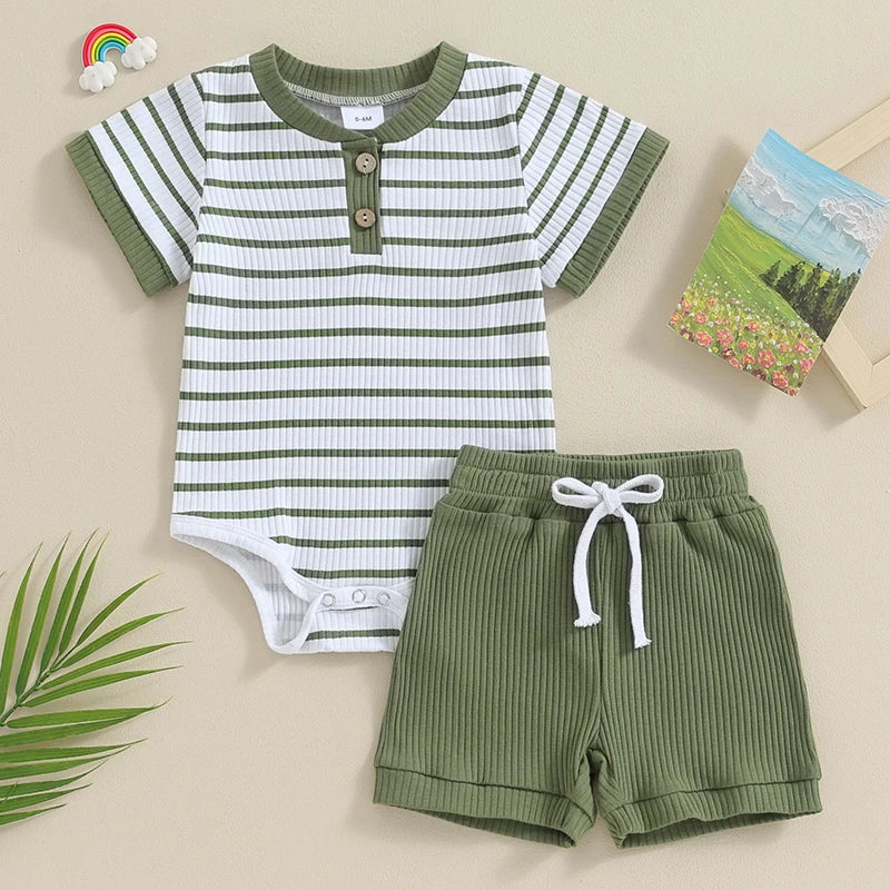 2023-11-18 Lioraitiin Newborn Baby Boy Girl Summer Clothes Striped Short Sleeve Ribbed Romper Tops Elastic Shorts Set Outfits