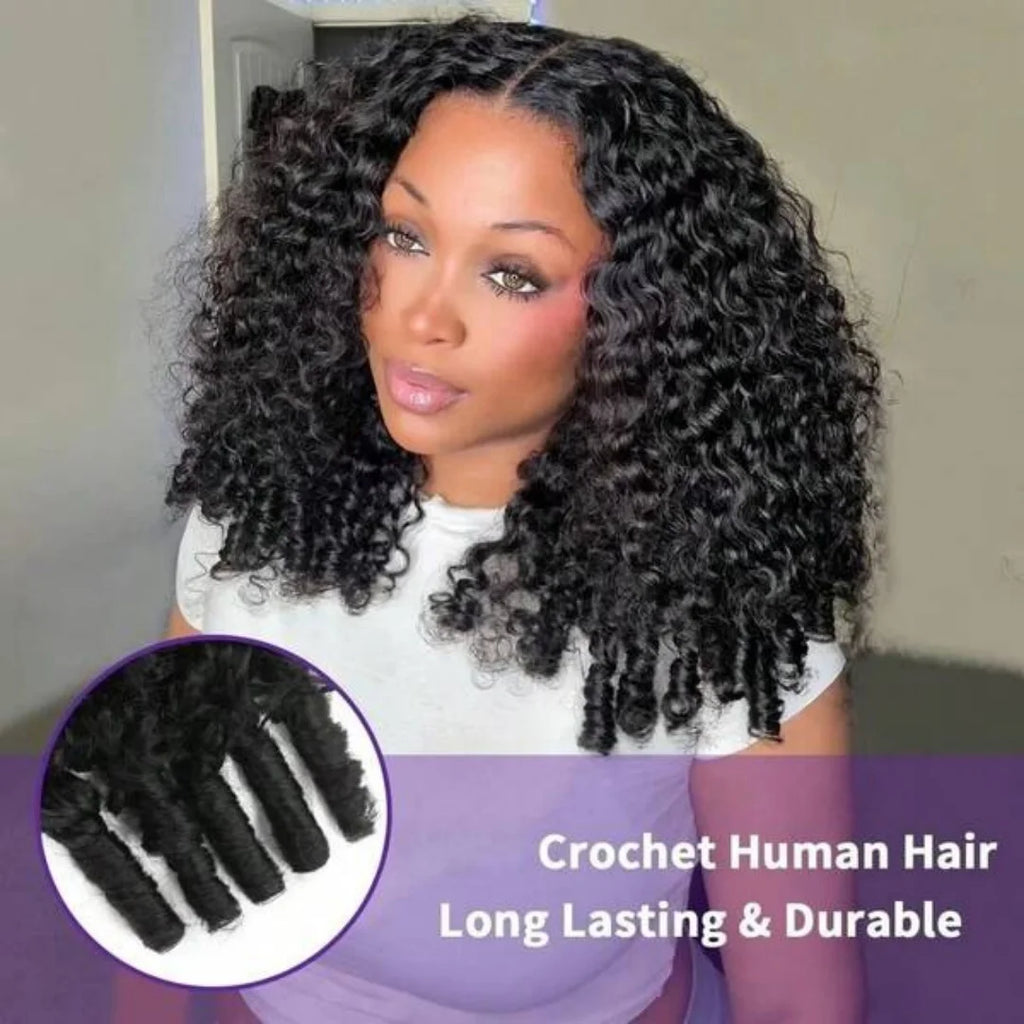 24 Inch Women Feather Style Crochet Human Hair 160g Burmese Curly Texture Pre-Separated Knotless Neat Knots Reusable Soft Hair
