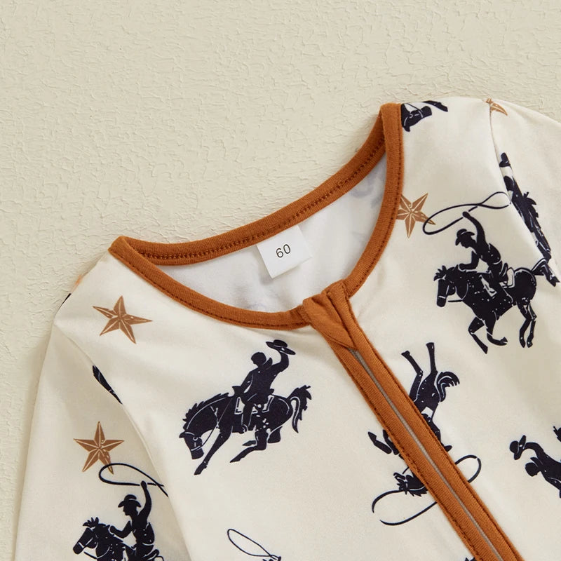 Toddler Baby Boy Zipper Romper Casual Western Cowboy Print Long Sleeve Jumpsuit Infant Fall Outfit