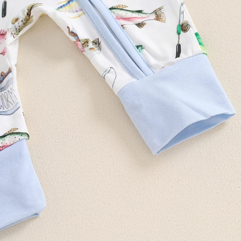 2024-05-31 Lioraitiin Baby Boys Autumn Casual Romper Long Sleeve Crew Neck Fish Print Oblique Zipper Jumpsuit