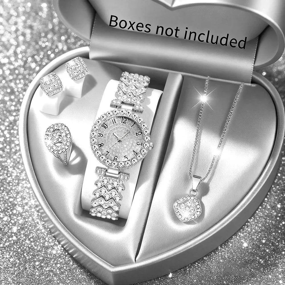 5PCS Luxury Rhinestone Women's Quartz Watch Rhinestone  Jewelry Set Elegant Ladies Bracelet Strap Wristwatches（Without Box）
