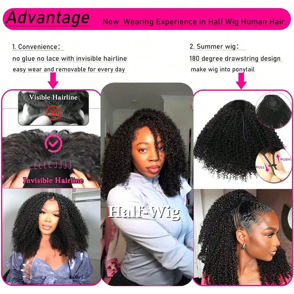 Jerry Curly Half Wig Human Hair Seamless Kinky Curly 3 In 1 Half Wig  Machine Heandband Clip In Wig No Sew In Black Color