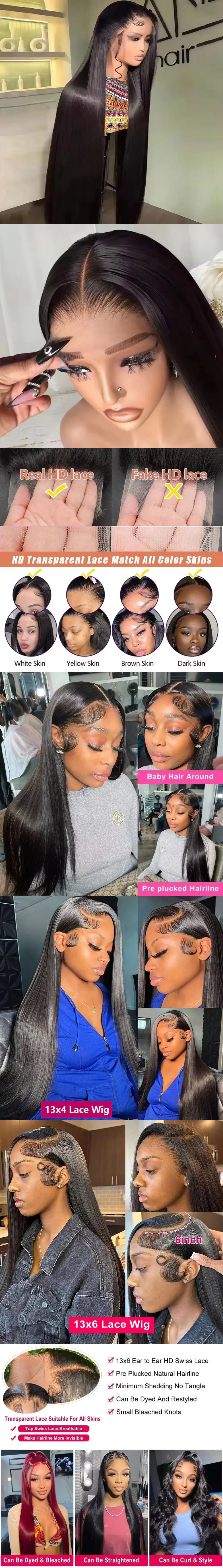 16 42 Inch 13x6 13X4 HD Transparent Straight Lace Frontal Wigs 5x5 Glueless Wear and Go Brazilian Human Hair Wig 250 Density for Women