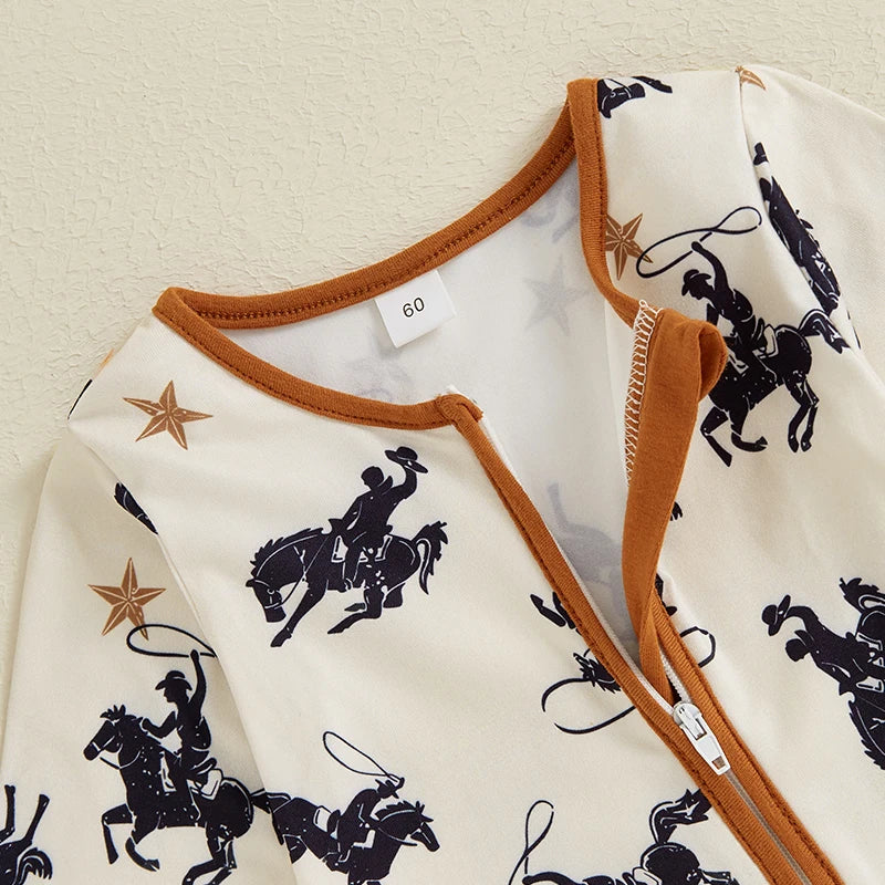 Toddler Baby Boy Zipper Romper Casual Western Cowboy Print Long Sleeve Jumpsuit Infant Fall Outfit