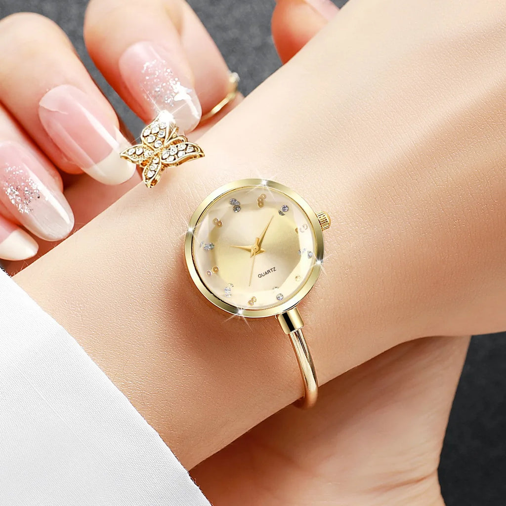 6pc Elegant Opening-cuff Bangle Women Watch Jewelry Set Fashion Rhinestone Ladies Quartz Wristwatch Relogio Feminino（Without Box