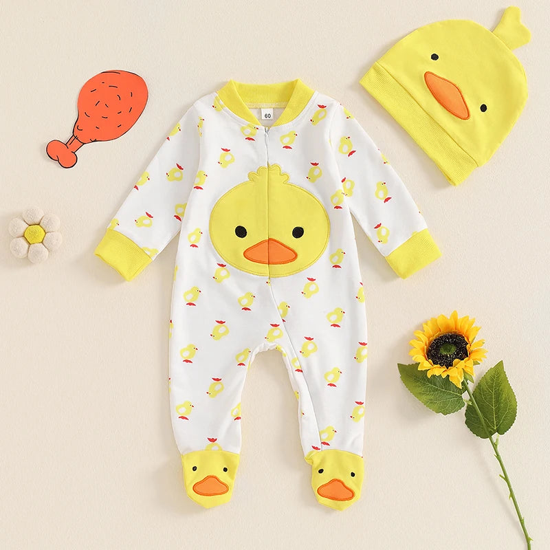 2024-06-03 Lioraitiin Newborn Boy Girl Duck Outfit, Long Sleeve Full Length Footed Jumpsuit Duck Hat 2 Piece Set for Fall