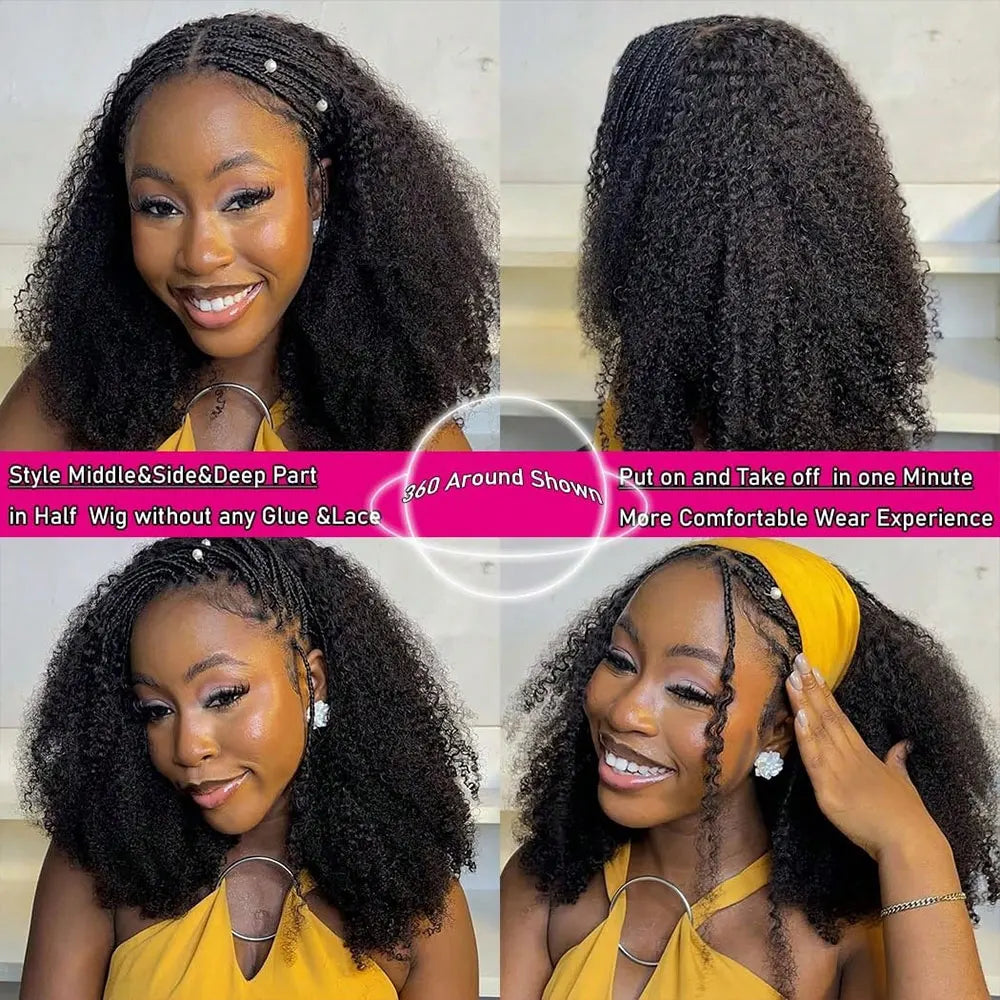 Jerry Curly Half Wig Human Hair Seamless Kinky Curly 3 In 1 Half Wig  Machine Heandband Clip In Wig No Sew In Black Color