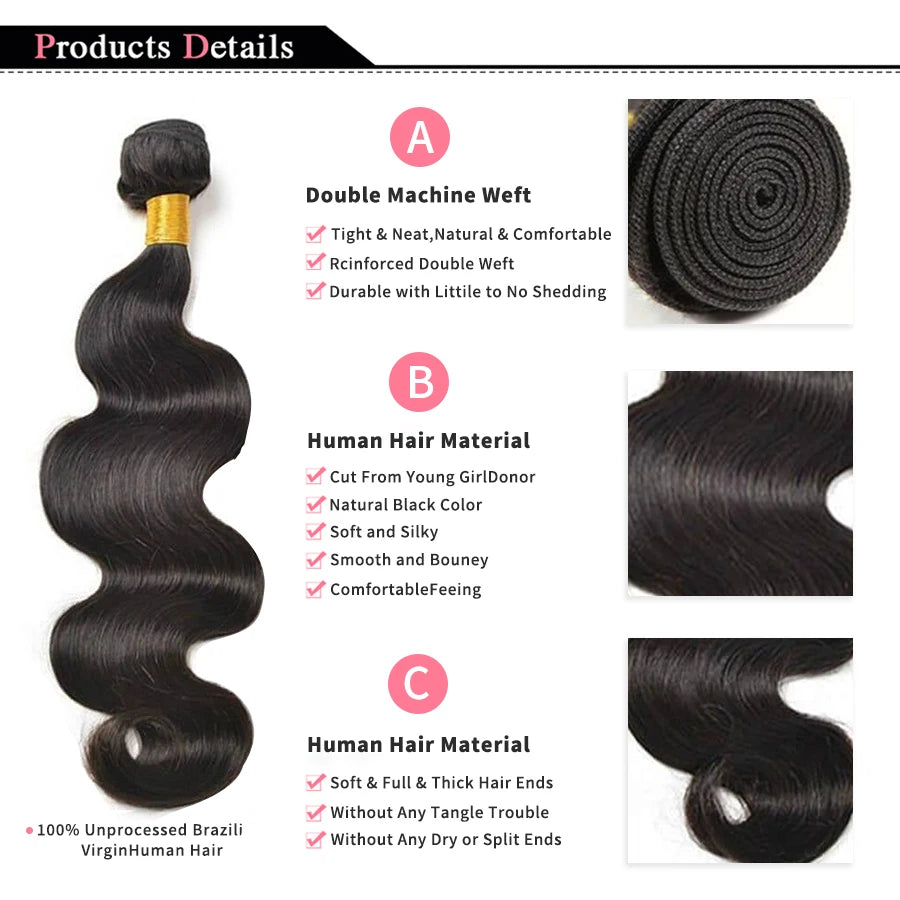 Body Wave Bundles Natural Black Human Hair Brazilian Hair Weave Bundles  Human Hair Extensions 1 3 4 PCS Bundles