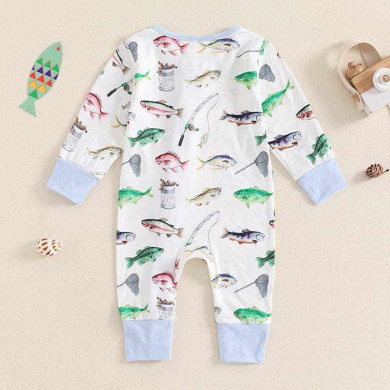 2024-05-31 Lioraitiin Baby Boys Autumn Casual Romper Long Sleeve Crew Neck Fish Print Oblique Zipper Jumpsuit