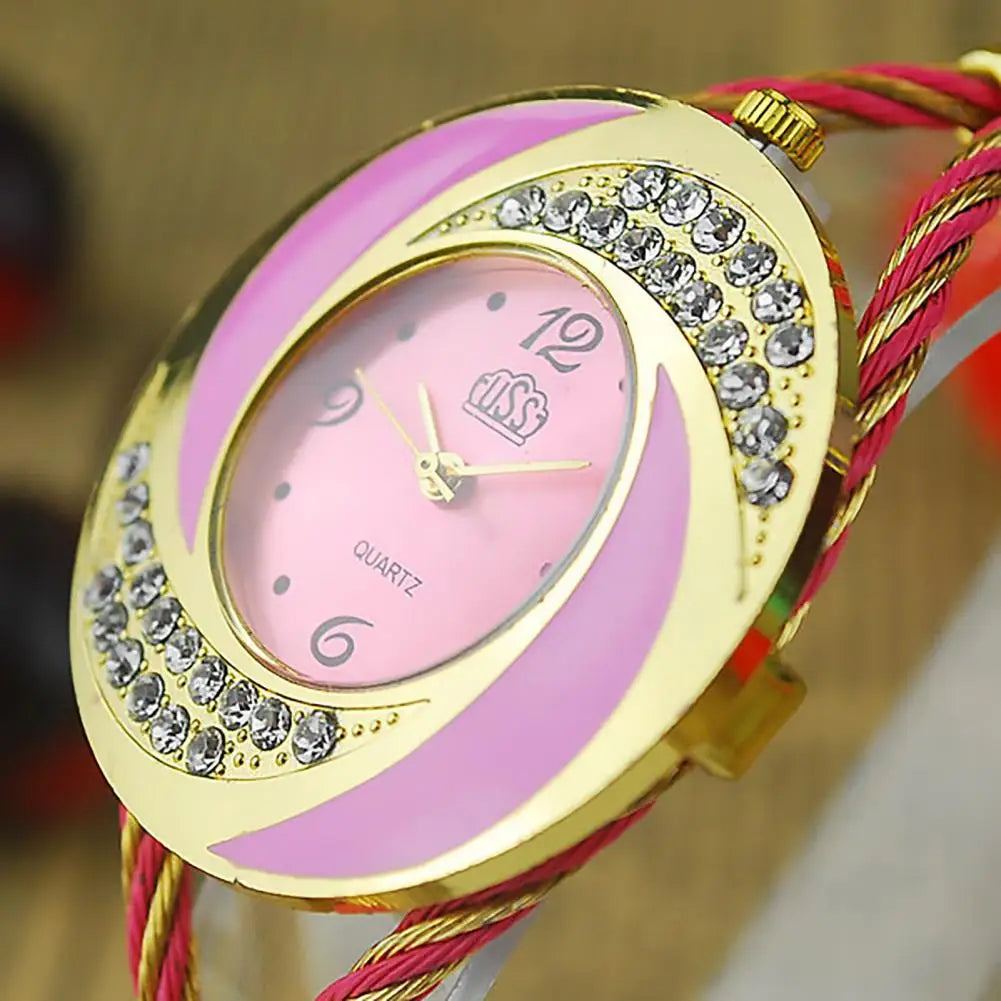 Quartz Wristwatch Women Spiral Waterproof Round Rhinestone Braid Bangle Watch Couple Gift Wrist watch