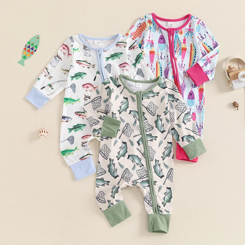 2024-05-31 Lioraitiin Baby Boys Autumn Casual Romper Long Sleeve Crew Neck Fish Print Oblique Zipper Jumpsuit