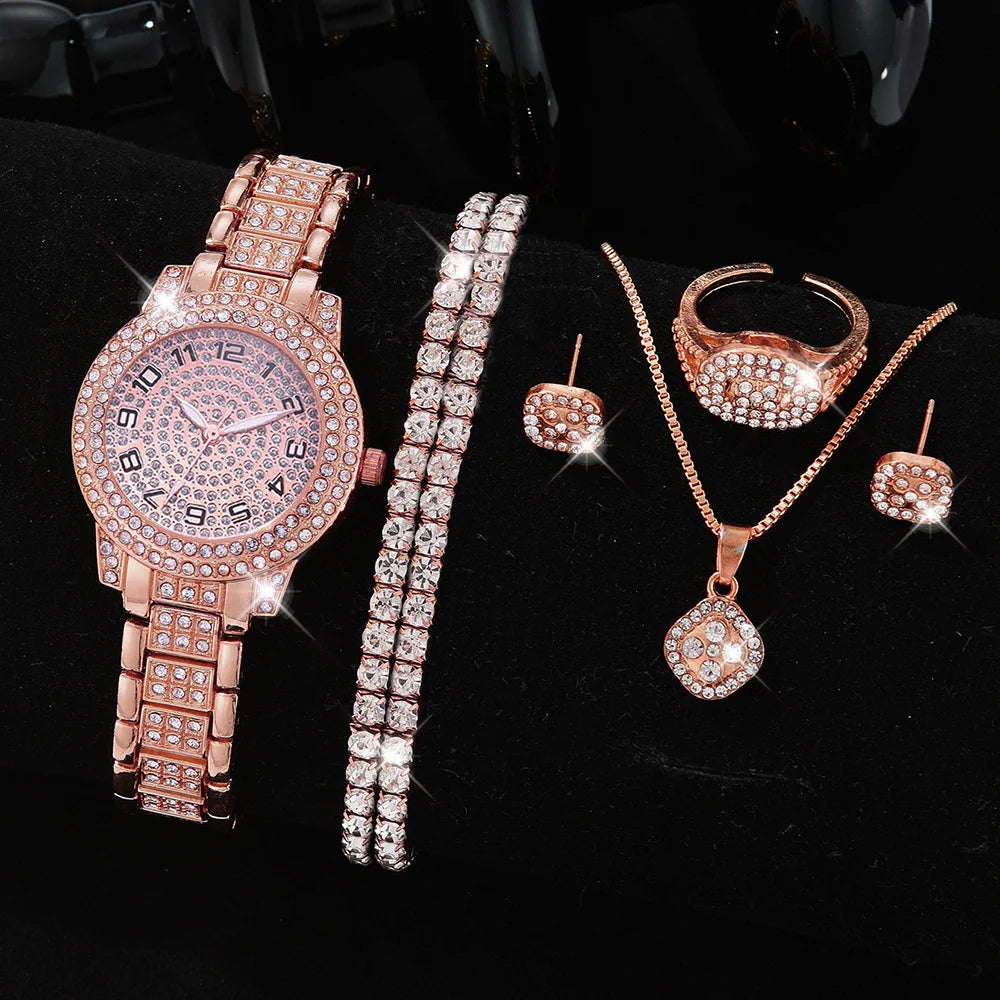 Full Diamond Roman Literal Steel Strip Watch with Starry Charm Business Quartz Watch Set
