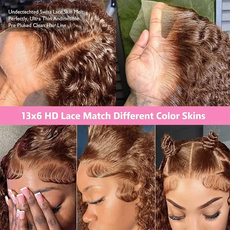 Chocolate Brown Colored 220% Density 36 Inch Chocolate Brown 13x6 13x4 HD Transparent Lace Front Wigs Human Hair Curly Deep Wave Brazilian Transparent Lace Frontal Wig For Women Human Hair #4 Colored Wigs Pre-Plucked Prebleac