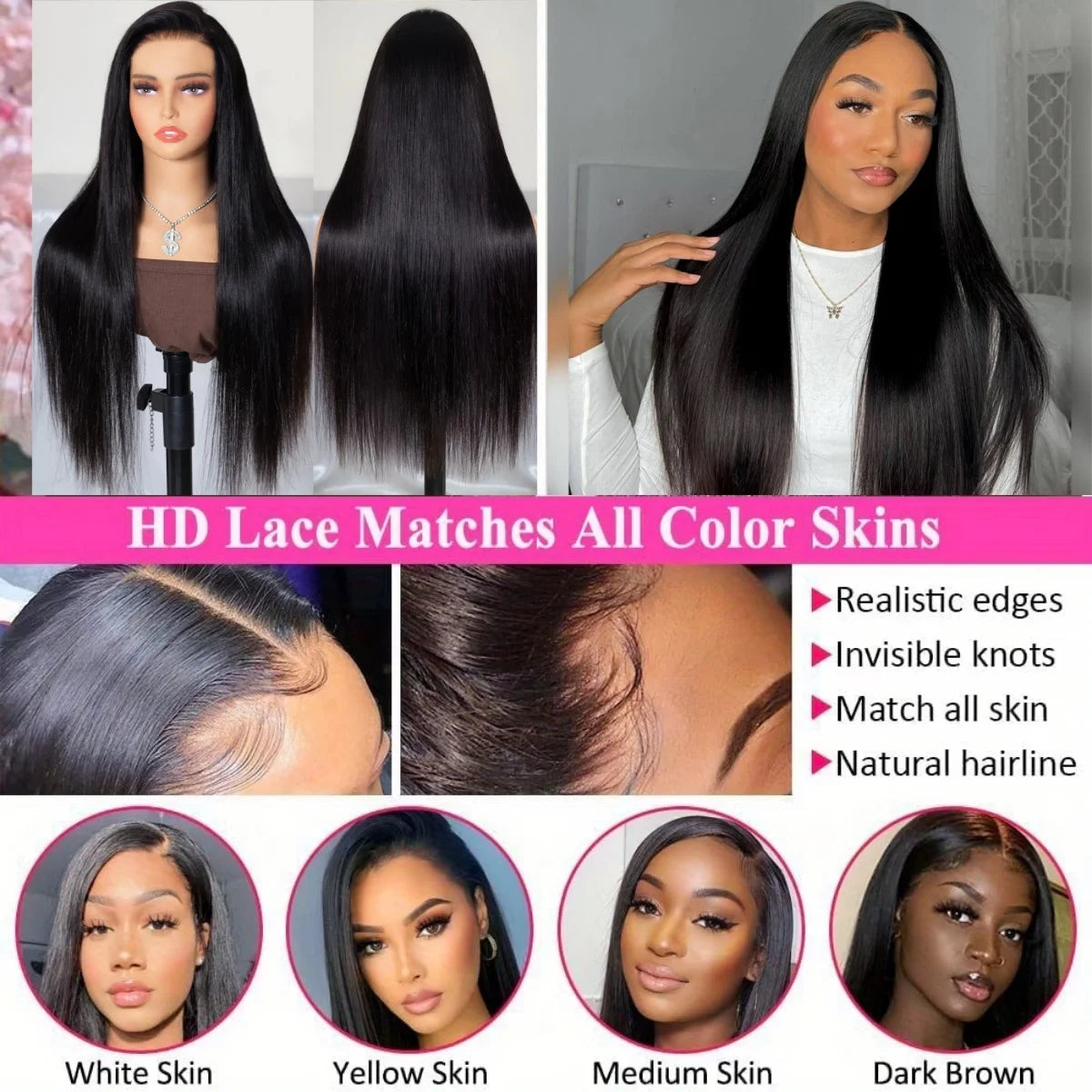 13x6 HD Lace Human Hair Wig Pre Plucked Bone Straight Lace Front Human Hair Wigs For Woman 200 Density 5x5 HD Lace Closure Wig 13x6 HD Lace Front Wigs Human Hair 200 Density Soft Silky Straight Human Hair Lace Frontal Wigs fo