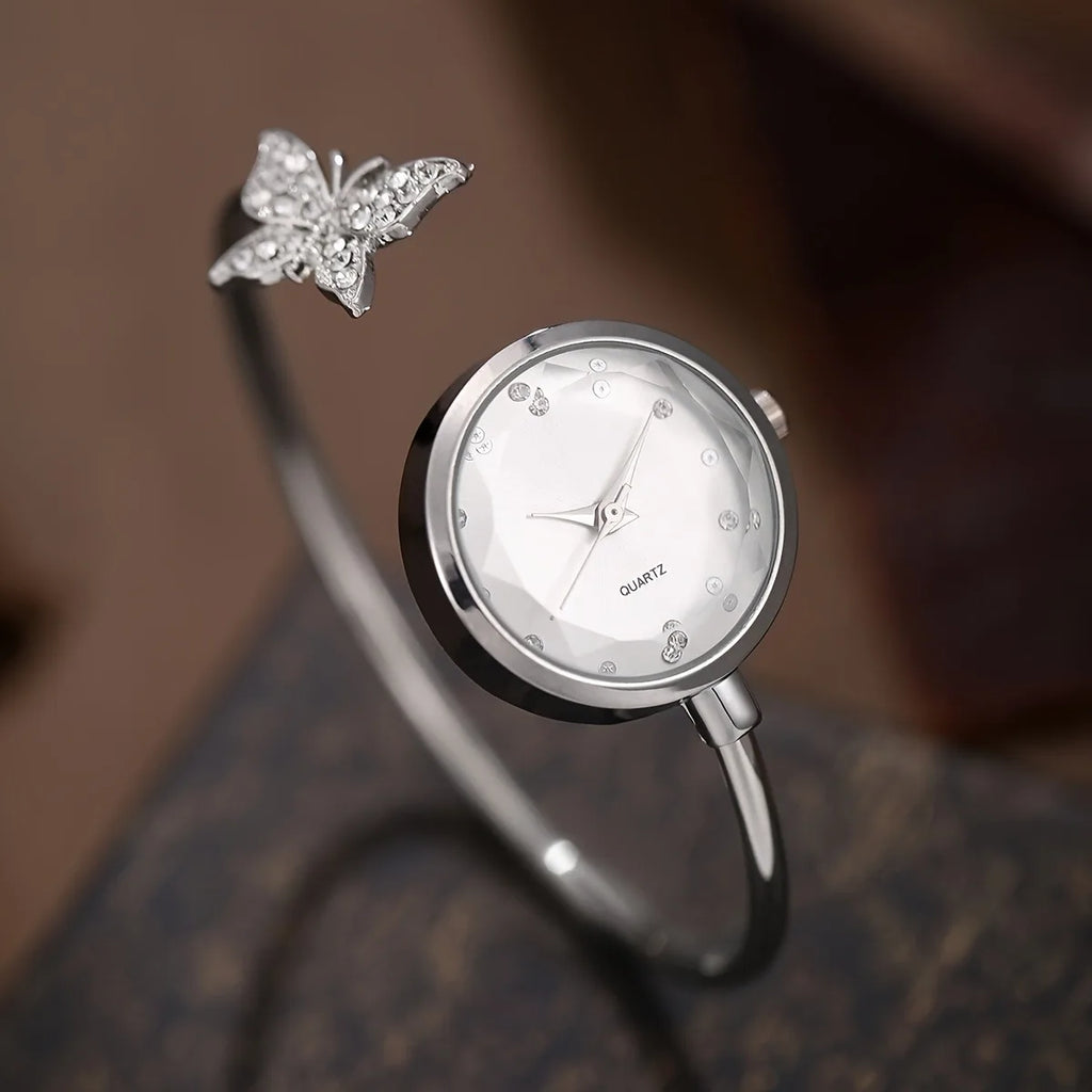 6pc Elegant Opening-cuff Bangle Women Watch Jewelry Set Fashion Rhinestone Ladies Quartz Wristwatch Relogio Feminino（Without Box