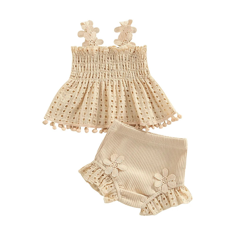2022-05-17 Lioraitiin 0-18M Toddler Baby Girls Summer Outfit Solid Cutout Pleated Tank Tops and Stretch Casual Ruffle Shorts