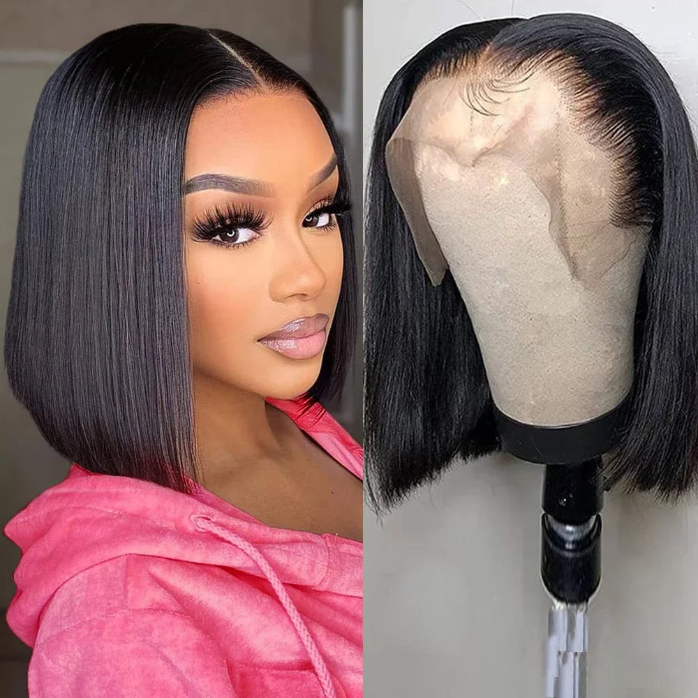 220% Density Bob Wigs Straight Human Hair Lace Front Wigs 13x4 Bob Brazilian Remy Hair Pre-plucked Lace Front Wigs 16 inch