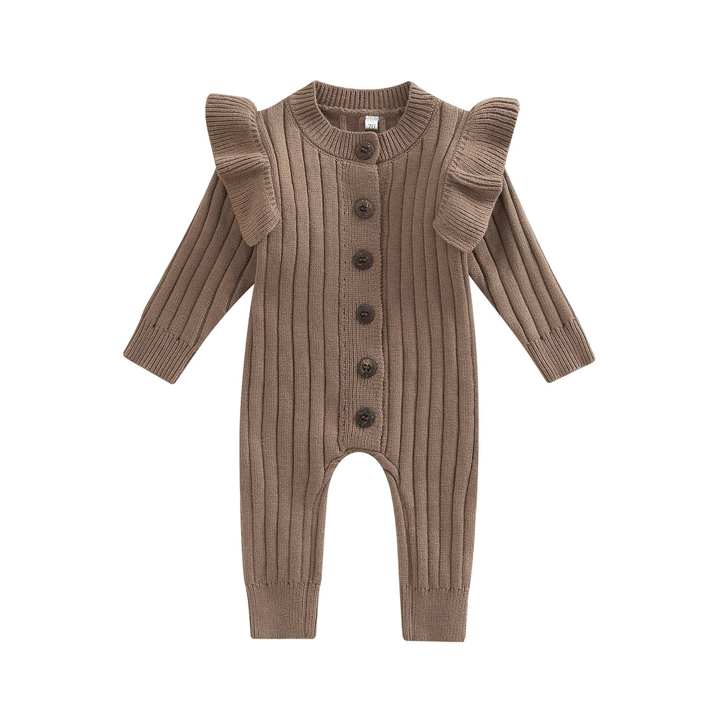 2022-07-08 Lioraitiin 0-18M Baby Girl’s Knitted Long Sleeve Jumpsuit Fashion Solid Round Neck Button Casual Long Romper