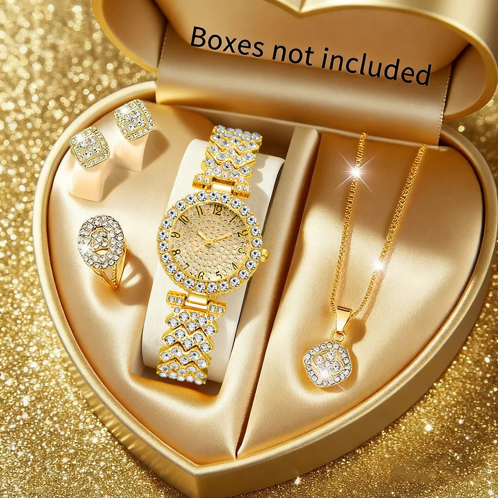 5PCS Luxury Rhinestone Women's Quartz Watch Rhinestone  Jewelry Set Elegant Ladies Bracelet Strap Wristwatches（Without Box）