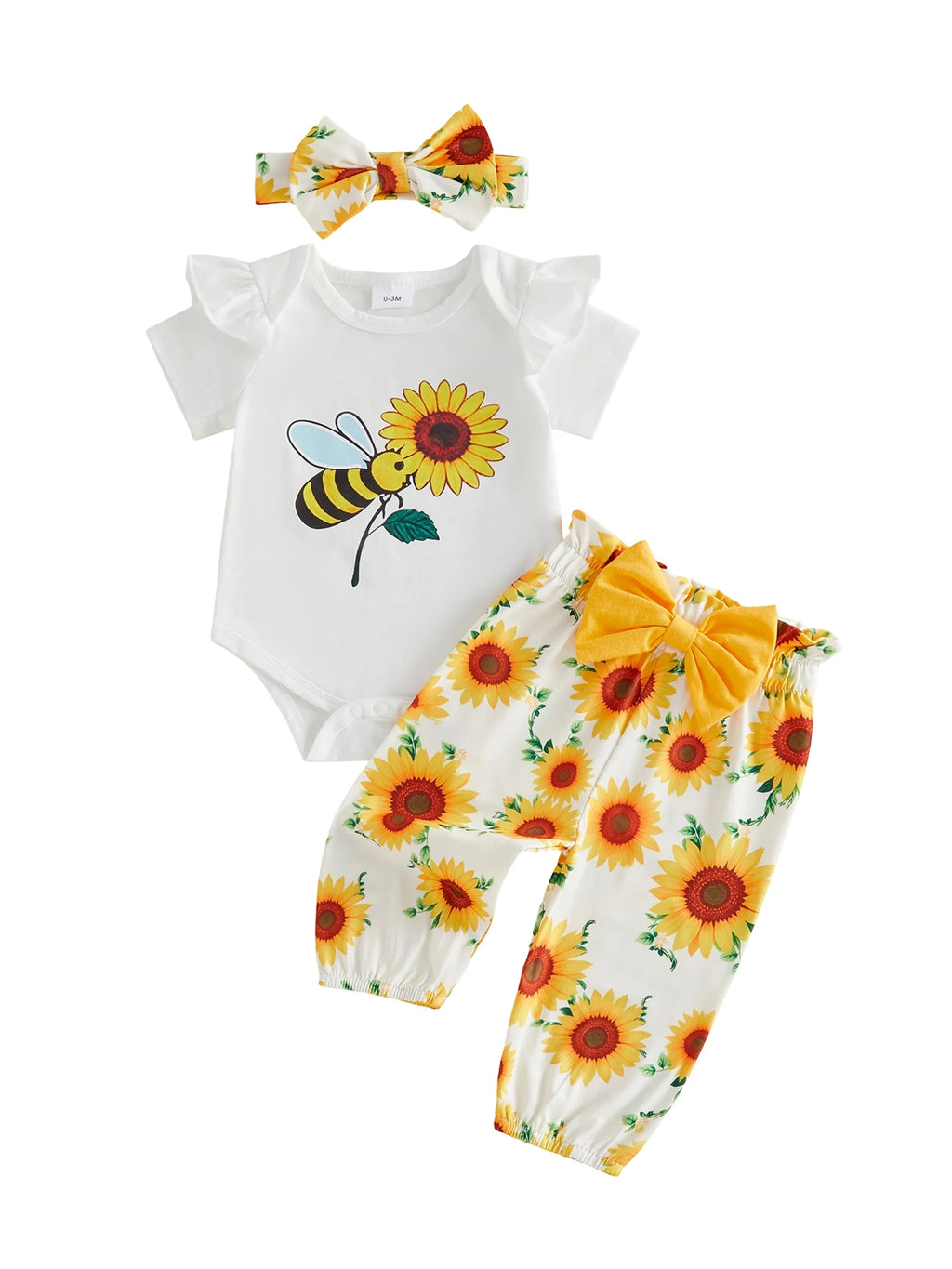 Adorable Baby Girl Sunflower Print Romper with Matching Shorts and Headband 3-Piece Set for Summer Fashion