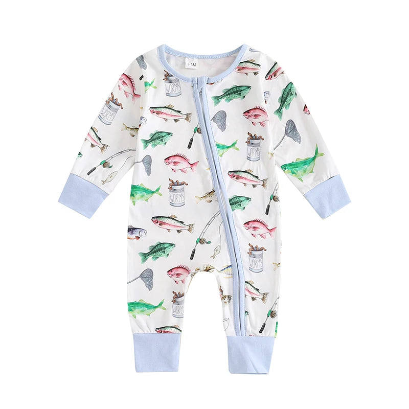 2024-05-31 Lioraitiin Baby Boys Autumn Casual Romper Long Sleeve Crew Neck Fish Print Oblique Zipper Jumpsuit