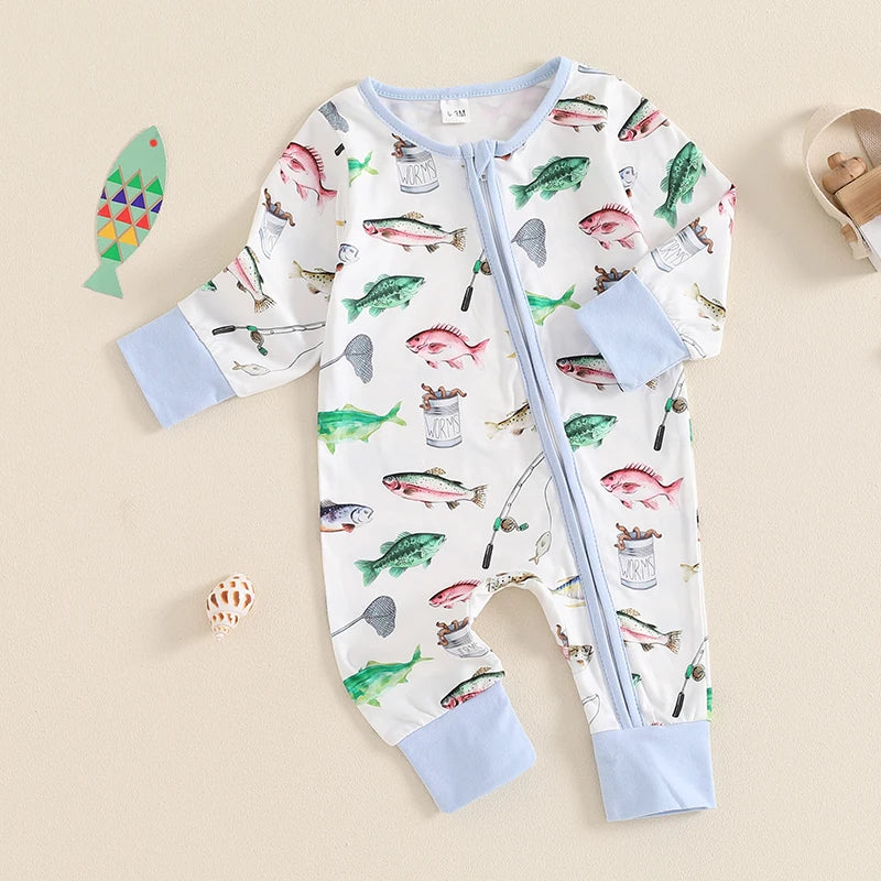 2024-05-31 Lioraitiin Baby Boys Autumn Casual Romper Long Sleeve Crew Neck Fish Print Oblique Zipper Jumpsuit