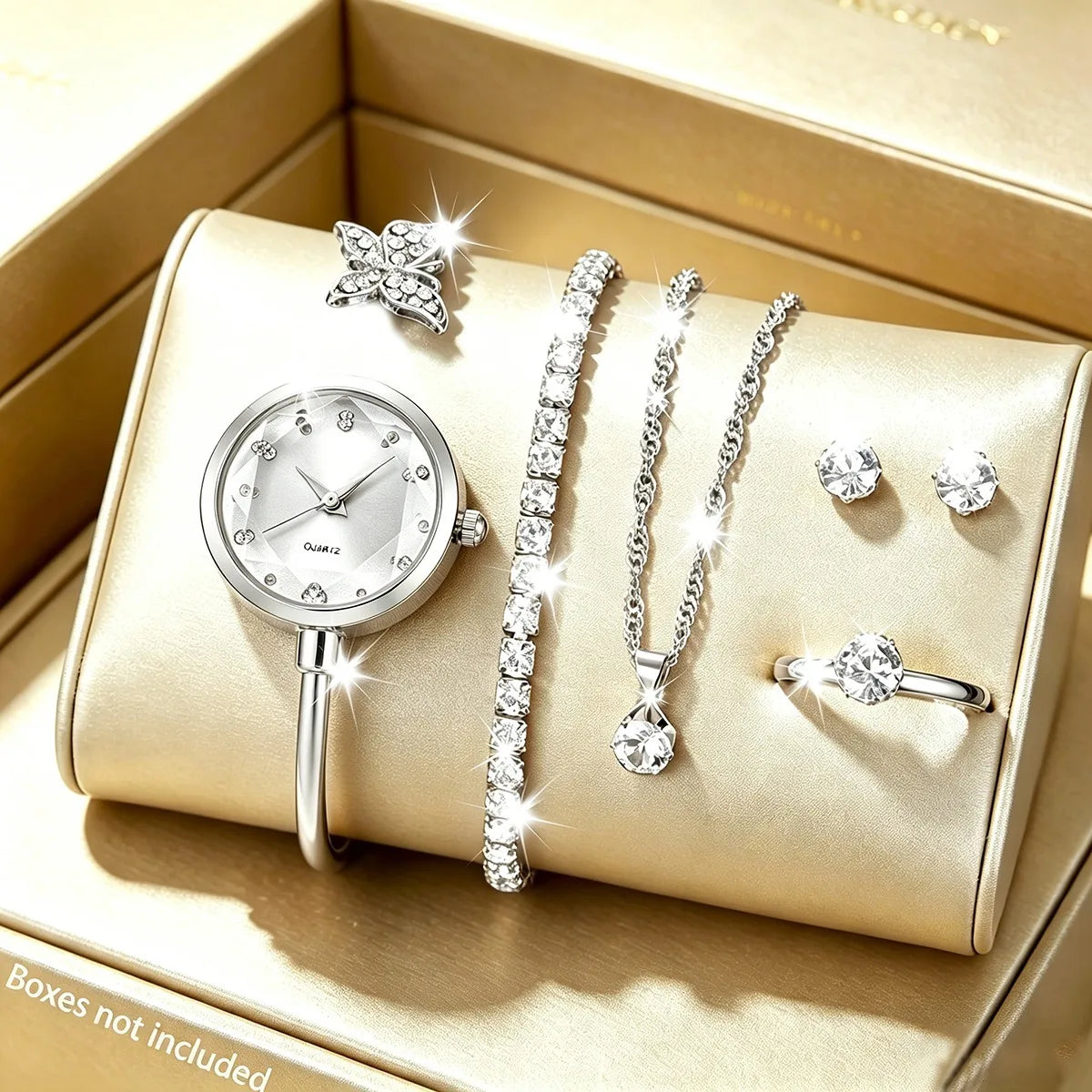 6pc Elegant Opening-cuff Bangle Women Watch Jewelry Set Fashion Rhinestone Ladies Quartz Wristwatch Relogio Feminino（Without Box