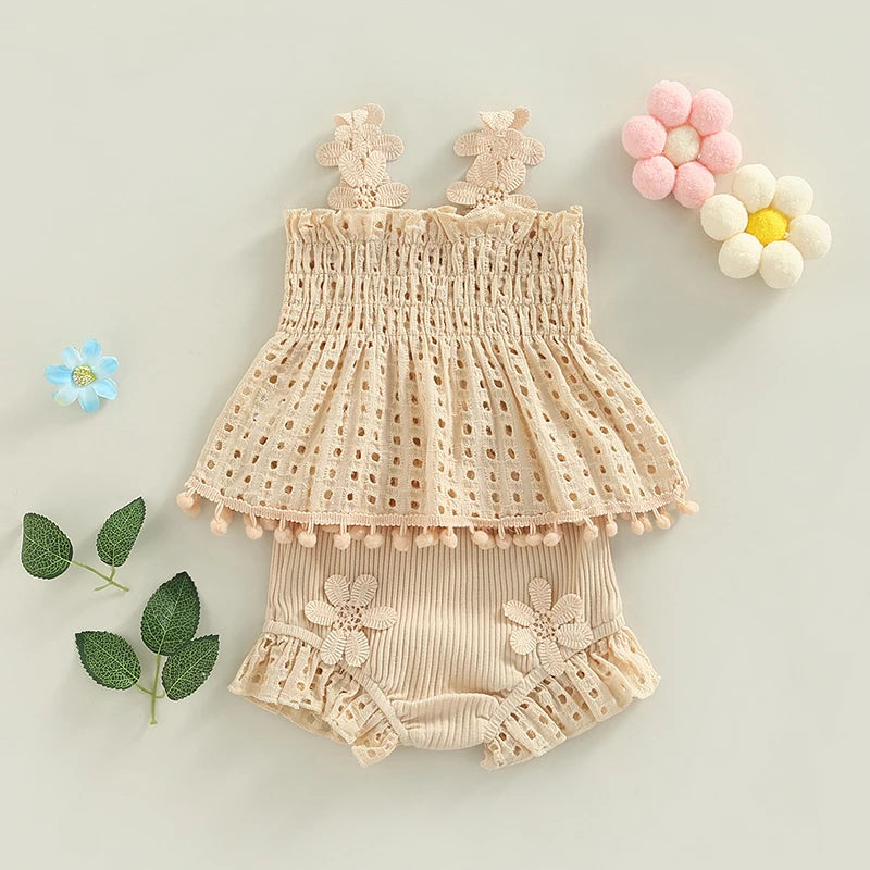 2022-05-17 Lioraitiin 0-18M Toddler Baby Girls Summer Outfit Solid Cutout Pleated Tank Tops and Stretch Casual Ruffle Shorts