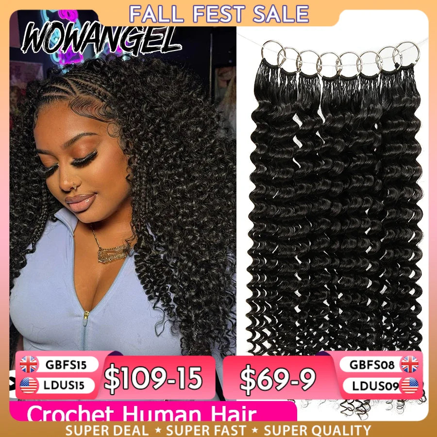 Deep Wave Crochet Human Hair For Braiding Curly Invisible Knot Pre Separated Knotless Crochet Human Hair Extensions With String