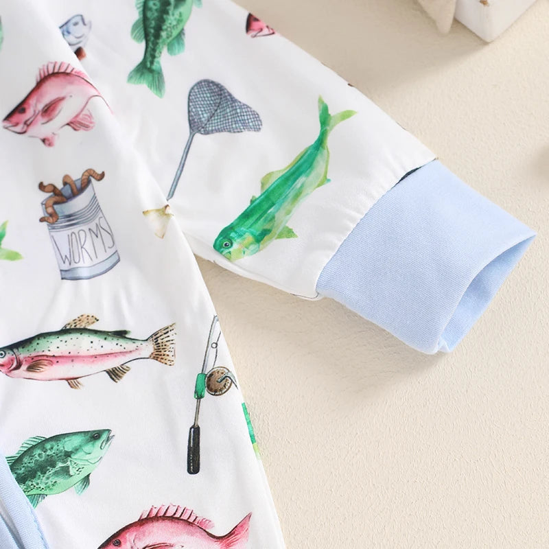 2024-05-31 Lioraitiin Baby Boys Autumn Casual Romper Long Sleeve Crew Neck Fish Print Oblique Zipper Jumpsuit