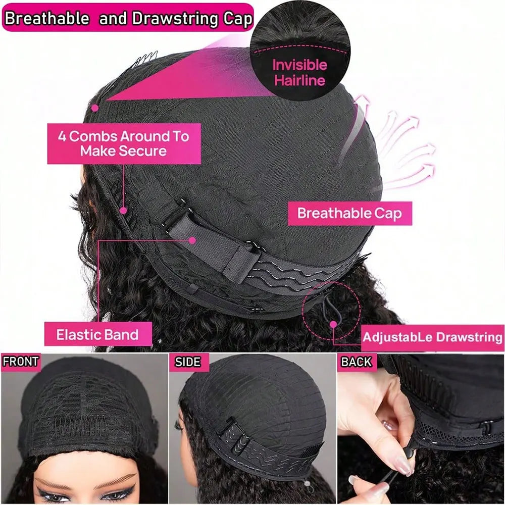 Jerry Curly Half Wig Human Hair Seamless Kinky Curly 3 In 1 Half Wig  Machine Heandband Clip In Wig No Sew In Black Color