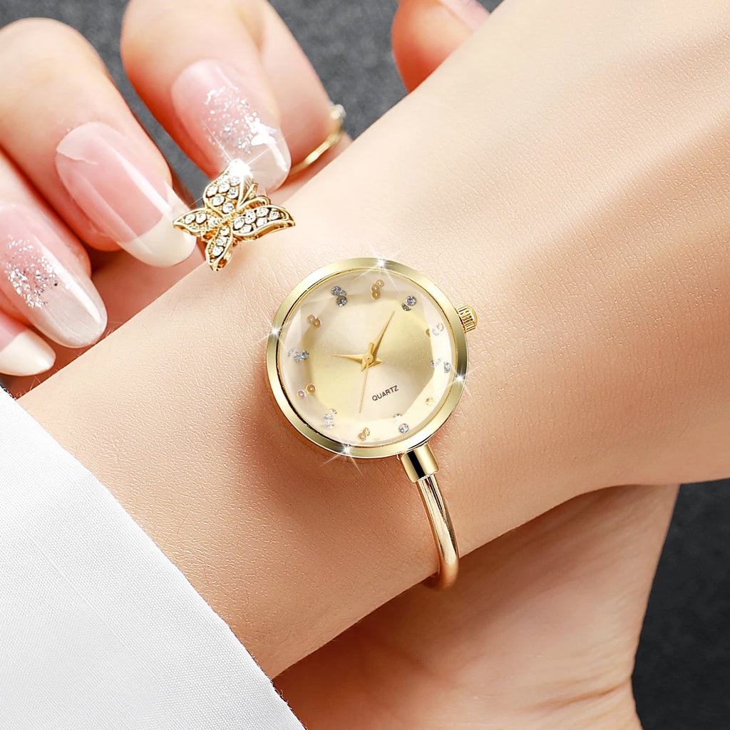 6pc Elegant Opening-cuff Bangle Women Watch Jewelry Set Fashion Rhinestone Ladies Quartz Wristwatch Relogio Feminino（Without Box