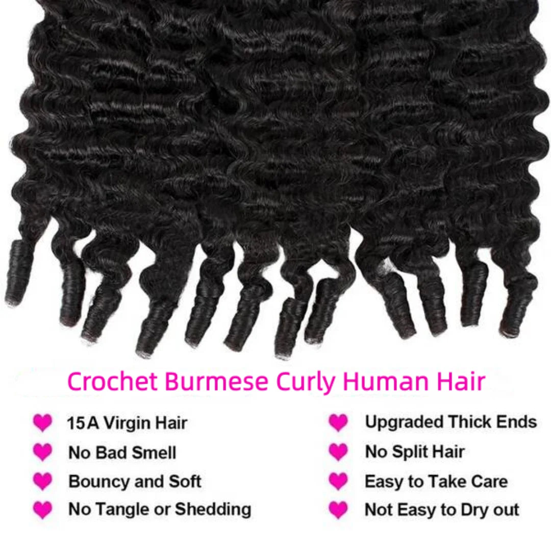 24 Inch Women Feather Style Crochet Human Hair 160g Burmese Curly Texture Pre-Separated Knotless Neat Knots Reusable Soft Hair
