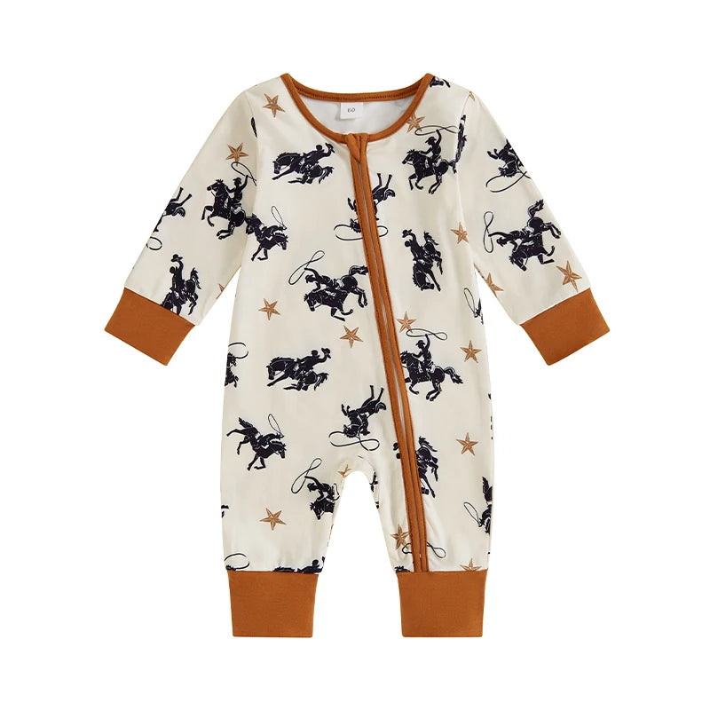 Toddler Baby Boy Zipper Romper Casual Western Cowboy Print Long Sleeve Jumpsuit Infant Fall Outfit