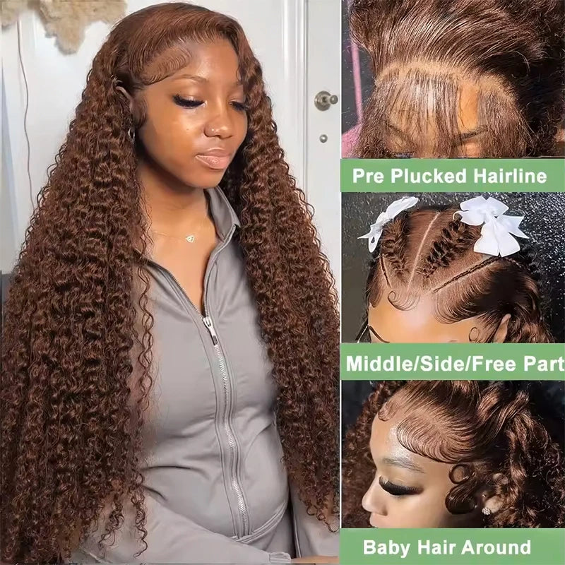 Chocolate Brown Colored 220% Density 36 Inch Chocolate Brown 13x6 13x4 HD Transparent Lace Front Wigs Human Hair Curly Deep Wave Brazilian Transparent Lace Frontal Wig For Women Human Hair #4 Colored Wigs Pre-Plucked Prebleac