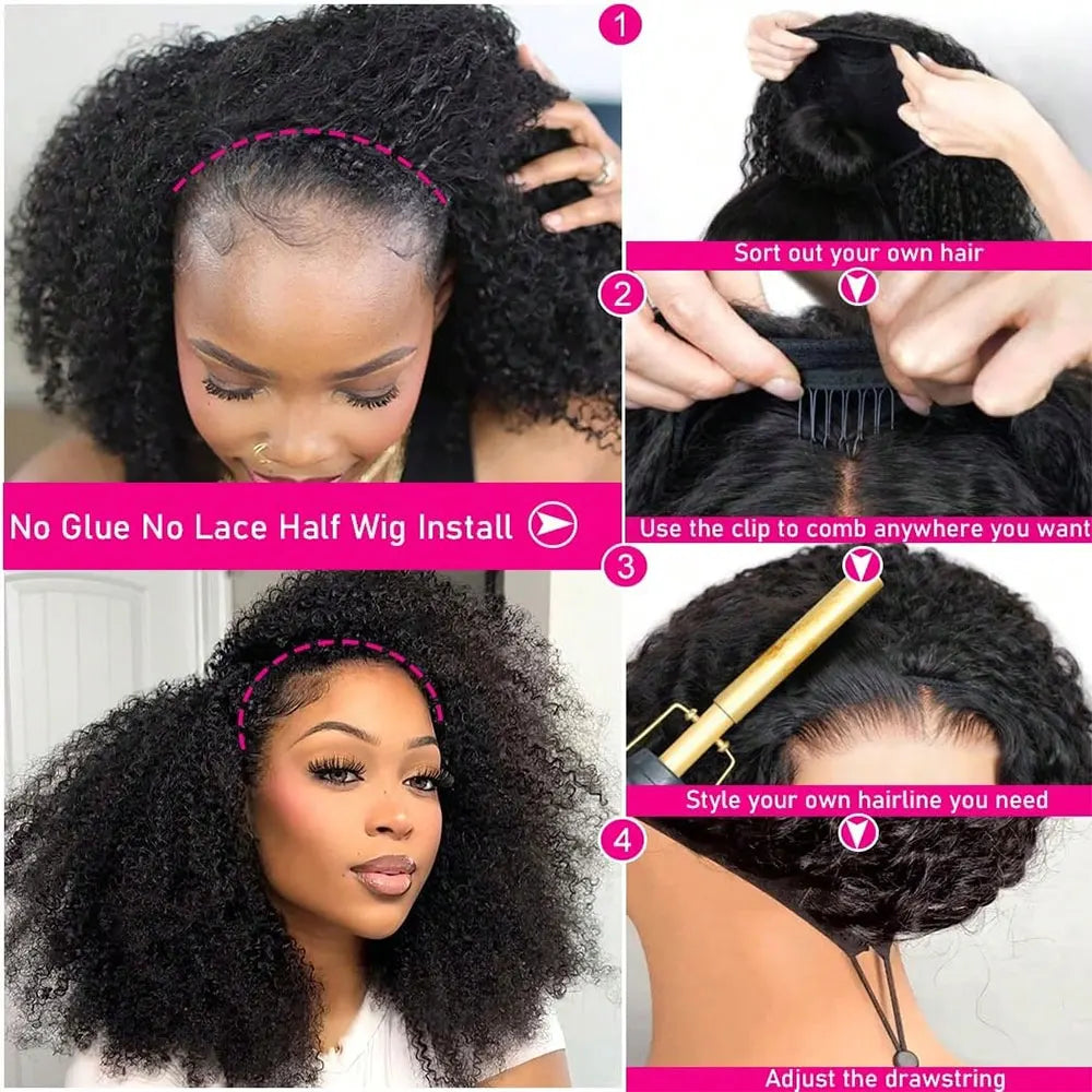 Jerry Curly Half Wig Human Hair Seamless Kinky Curly 3 In 1 Half Wig  Machine Heandband Clip In Wig No Sew In Black Color