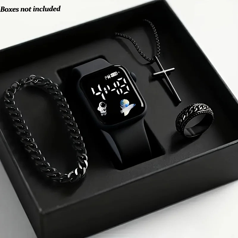 Four Piece Men's Accessory Gift Box Set - Low Voltage Running Digital Electronic Watch with Vintage Necklace, Bracelet, Ring, Ea