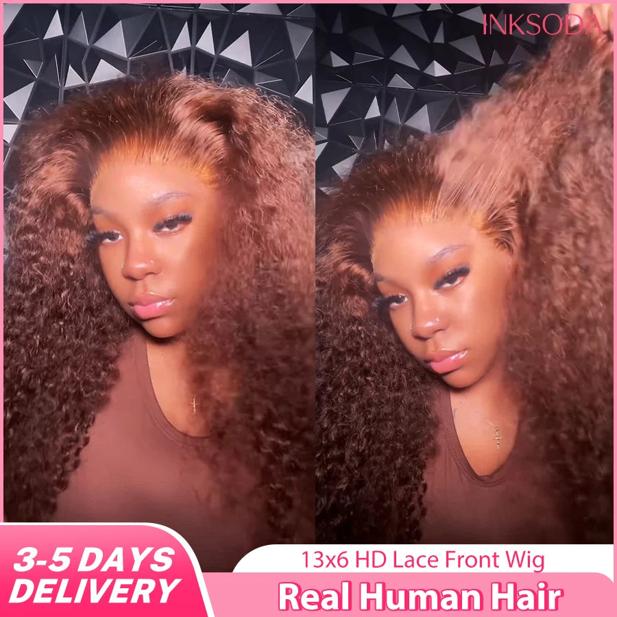 Chocolate Brown Colored 220% Density 36 Inch Chocolate Brown 13x6 13x4 HD Transparent Lace Front Wigs Human Hair Curly Deep Wave Brazilian Transparent Lace Frontal Wig For Women Human Hair #4 Colored Wigs Pre-Plucked Prebleac