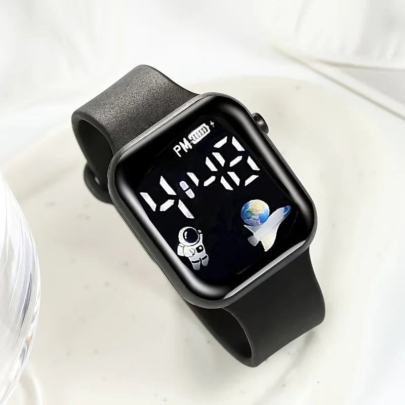 Four Piece Men's Accessory Gift Box Set - Low Voltage Running Digital Electronic Watch with Vintage Necklace, Bracelet, Ring, Ea
