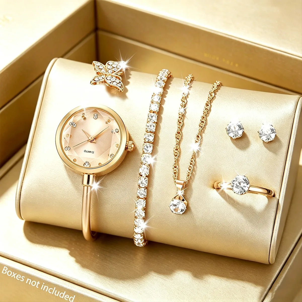 6pc Elegant Opening-cuff Bangle Women Watch Jewelry Set Fashion Rhinestone Ladies Quartz Wristwatch Relogio Feminino（Without Box