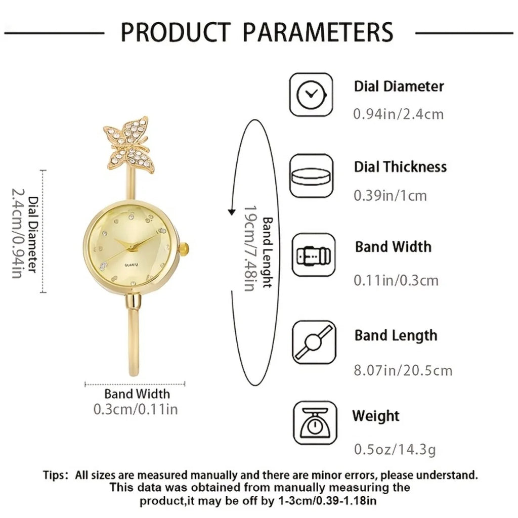 6pc Elegant Opening-cuff Bangle Women Watch Jewelry Set Fashion Rhinestone Ladies Quartz Wristwatch Relogio Feminino（Without Box