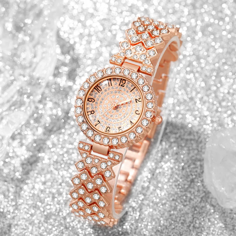 5PCS Luxury Rhinestone Women's Quartz Watch Rhinestone  Jewelry Set Elegant Ladies Bracelet Strap Wristwatches（Without Box）