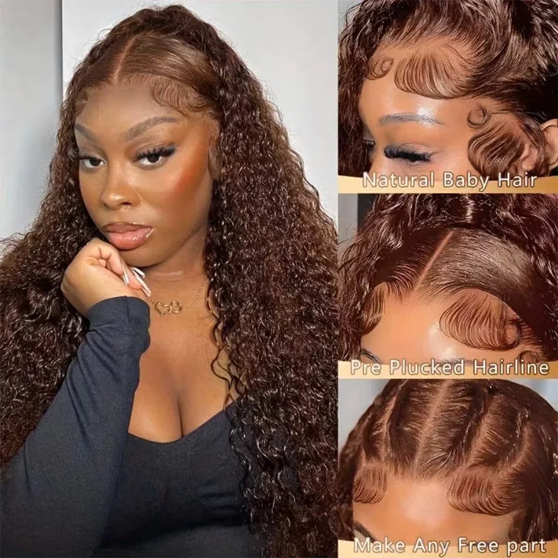 Chocolate Brown Colored 220% Density 36 Inch Chocolate Brown 13x6 13x4 HD Transparent Lace Front Wigs Human Hair Curly Deep Wave Brazilian Transparent Lace Frontal Wig For Women Human Hair #4 Colored Wigs Pre-Plucked Prebleac