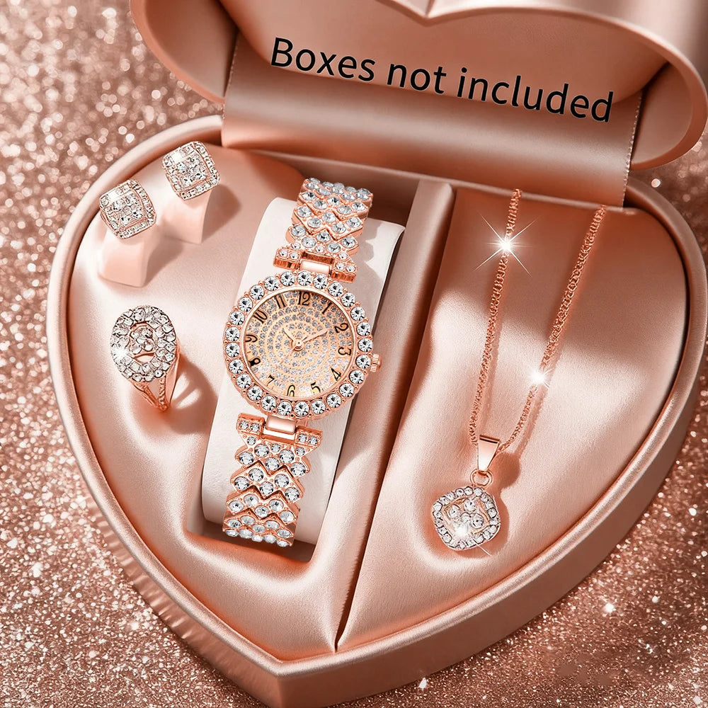 5PCS Luxury Rhinestone Women's Quartz Watch Rhinestone  Jewelry Set Elegant Ladies Bracelet Strap Wristwatches（Without Box）