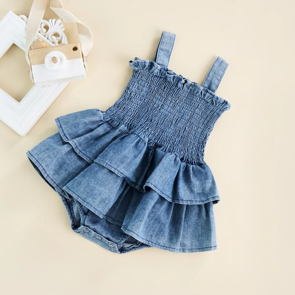 2022-04-01 Lioraitiin 0-18M Infant Baby Girl Bodysuit Sleeveless Suspender Pleated Design Ruffle Hem Bottom Snap Button Jumpsuit
