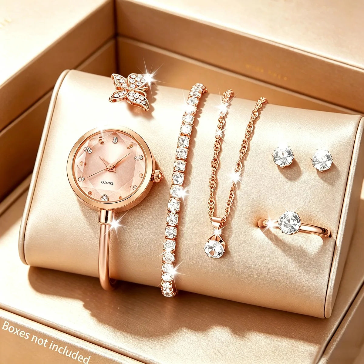 6pc Elegant Opening-cuff Bangle Women Watch Jewelry Set Fashion Rhinestone Ladies Quartz Wristwatch Relogio Feminino（Without Box